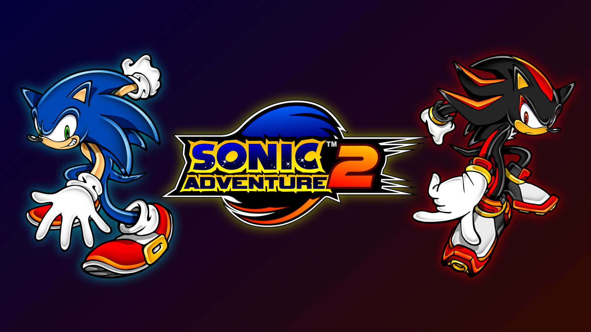 Sonic Adventure HD 桌布 壁紙 — Sonic 與 Shadow the Hedgehog 在深色漸層背景上，於 Sonic Adventure 2 標誌旁動感奔馳。