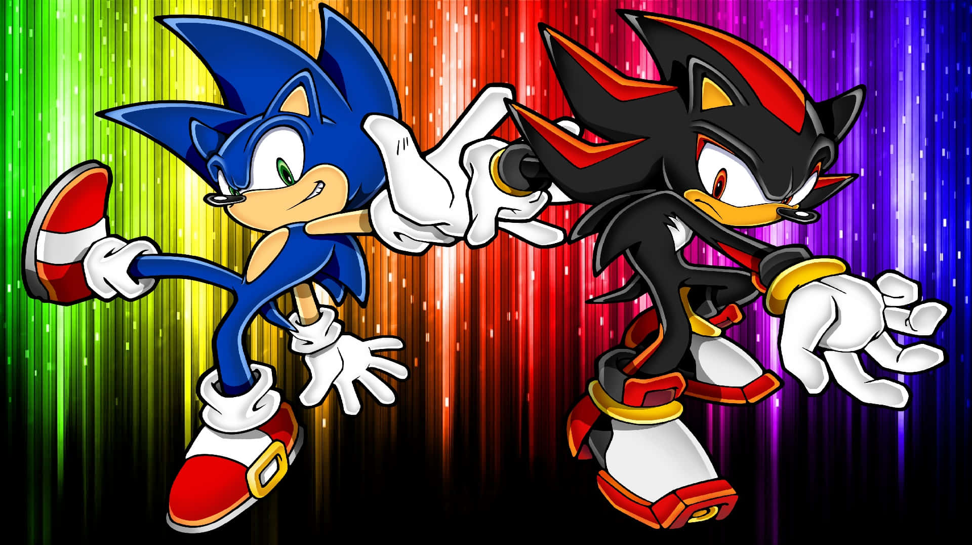 Sonic And Shadow 桌布 壁紙 — Sonic 與 Shadow the Hedgehog 在鮮豔的彩虹漸變背景前並肩競速。