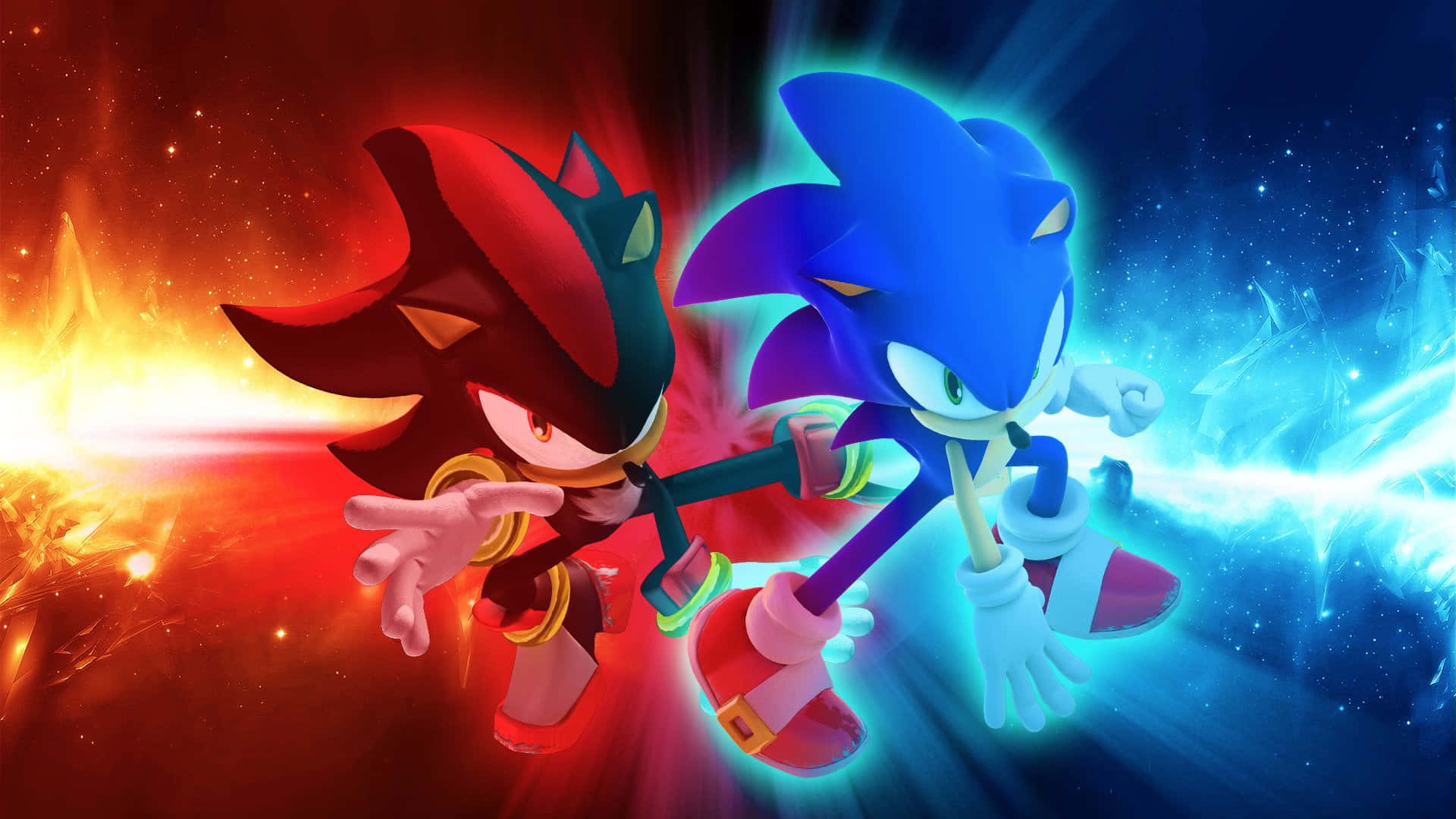 Sonic Adventure HD 桌布 壁紙 — Sonic 與 Shadow 在熾熱的紅色與冰冷的藍色宇宙戰鬥中碰撞，伴隨著發光的能量光束。