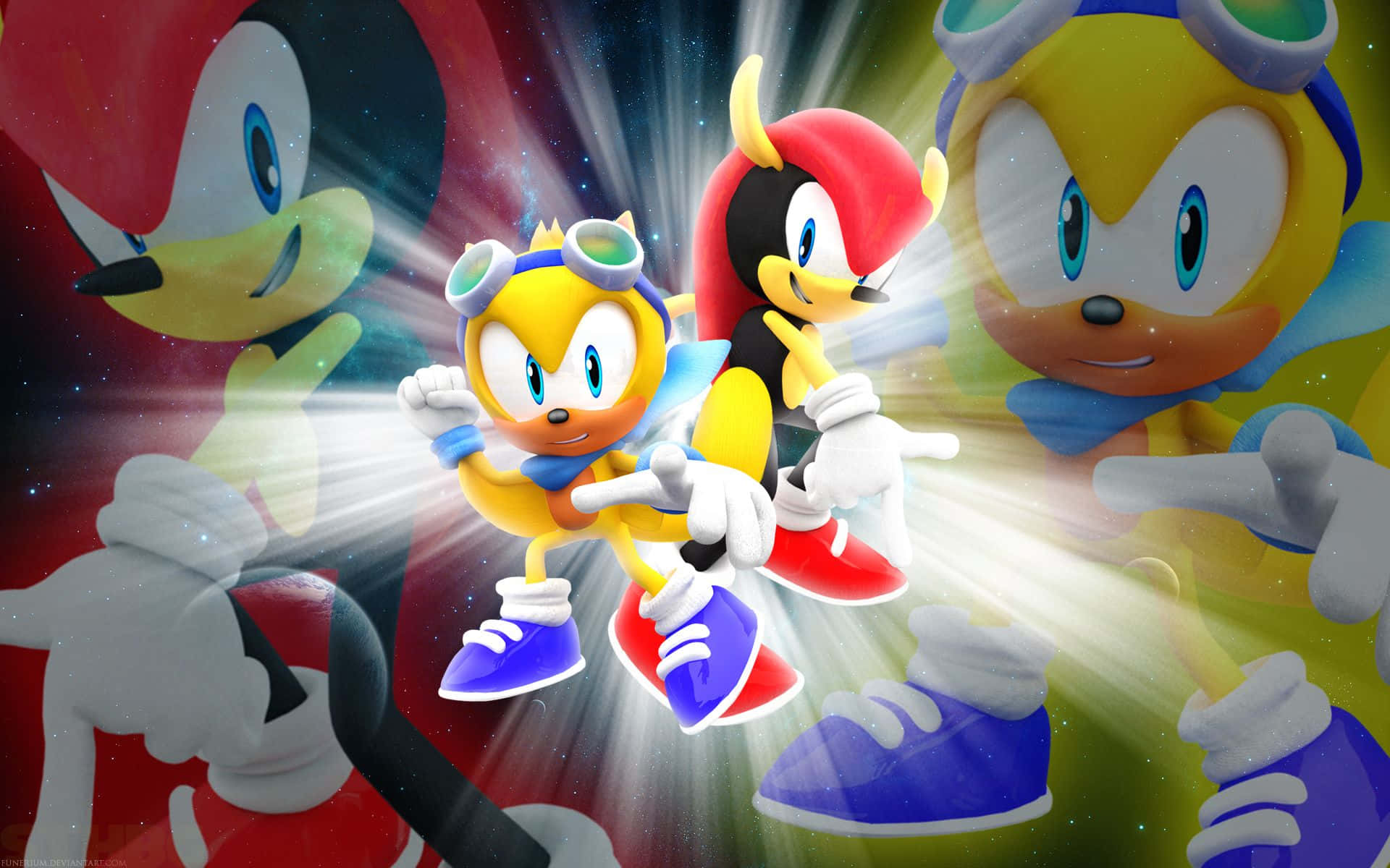 Ray The Flying Squirrel 桌布 壁紙 — Sonic 角色以充滿活力的 3d 渲染動作姿勢，伴隨發光光線，以宇宙背景為襯托。