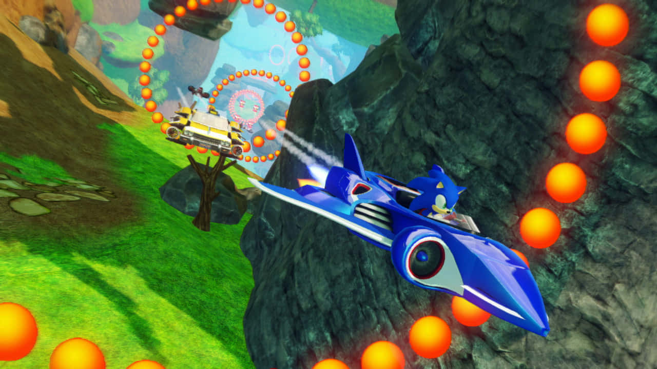 Sonic And All-stars Racing Transformed 桌布 壁紙 — Sonic 駕駛藍色火箭飛船，在充滿活力的綠色峽谷景觀中躲避橙色圓環。