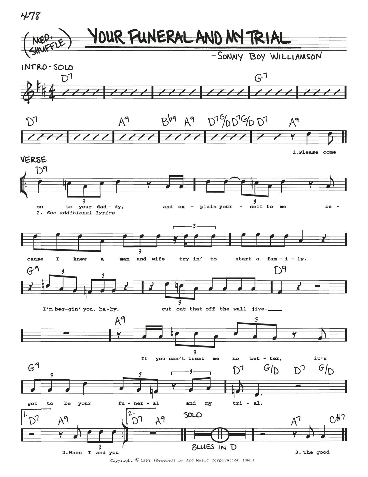 song 桌布 壁紙 — Sonny Boy Williamson 的《Your Funeral and My Trial》手寫樂譜，附有和弦符號和歌詞。