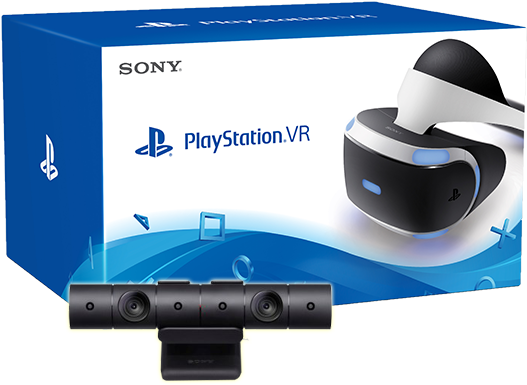 PlayStation 桌布 壁紙 — Sony PlayStation VR 頭戴式裝置和相機套裝顯示在其藍白零售盒上，帶有發光藍色點綴。