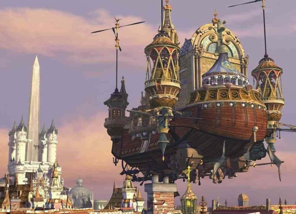 Final Fantasy Ix 桌布 壁紙 — 一艘華麗的飛船，木製船身和金色尖塔，在日落時分懸浮在夢幻城市景觀之上。
