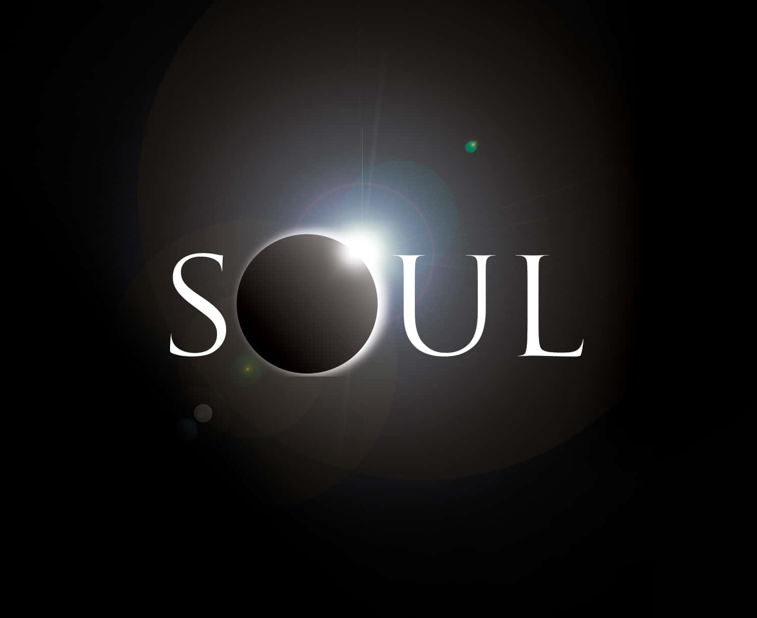 靈魂 桌布 壁紙 — 「SOUL」一詞以白色襯線字體在深色背景上發光，帶有明亮的鏡頭光暈和微妙的彩色散景。