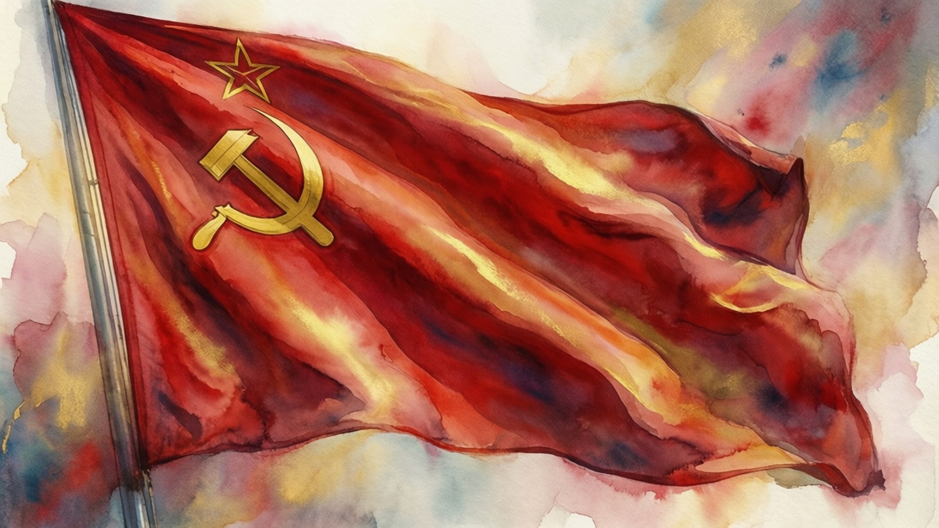 Watercolor Soviet Flag 壁紙 — 一幅水彩畫，描繪一面帶有錘子、鐮刀和星星的蘇聯國旗，在柔和混合的天空中動態飄揚。