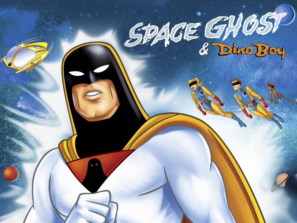 Space Ghost 桌布 壁紙 — Space Ghost 和 Dino Boy 在繁星點點的宇宙背景下翱翔，遠處有太空船和行星。