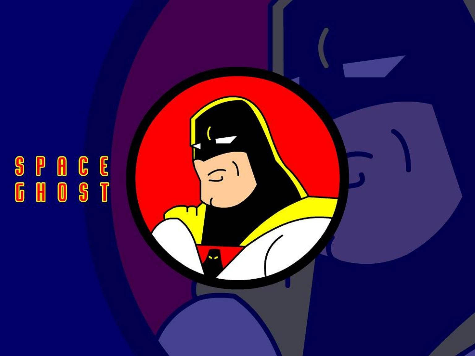 Space Ghost 桌布 壁紙 — Space Ghost 在其標誌性的圓形框架中，帶有鮮紅色的背景和黃色邊框，襯托在深藍色的宇宙背景上。