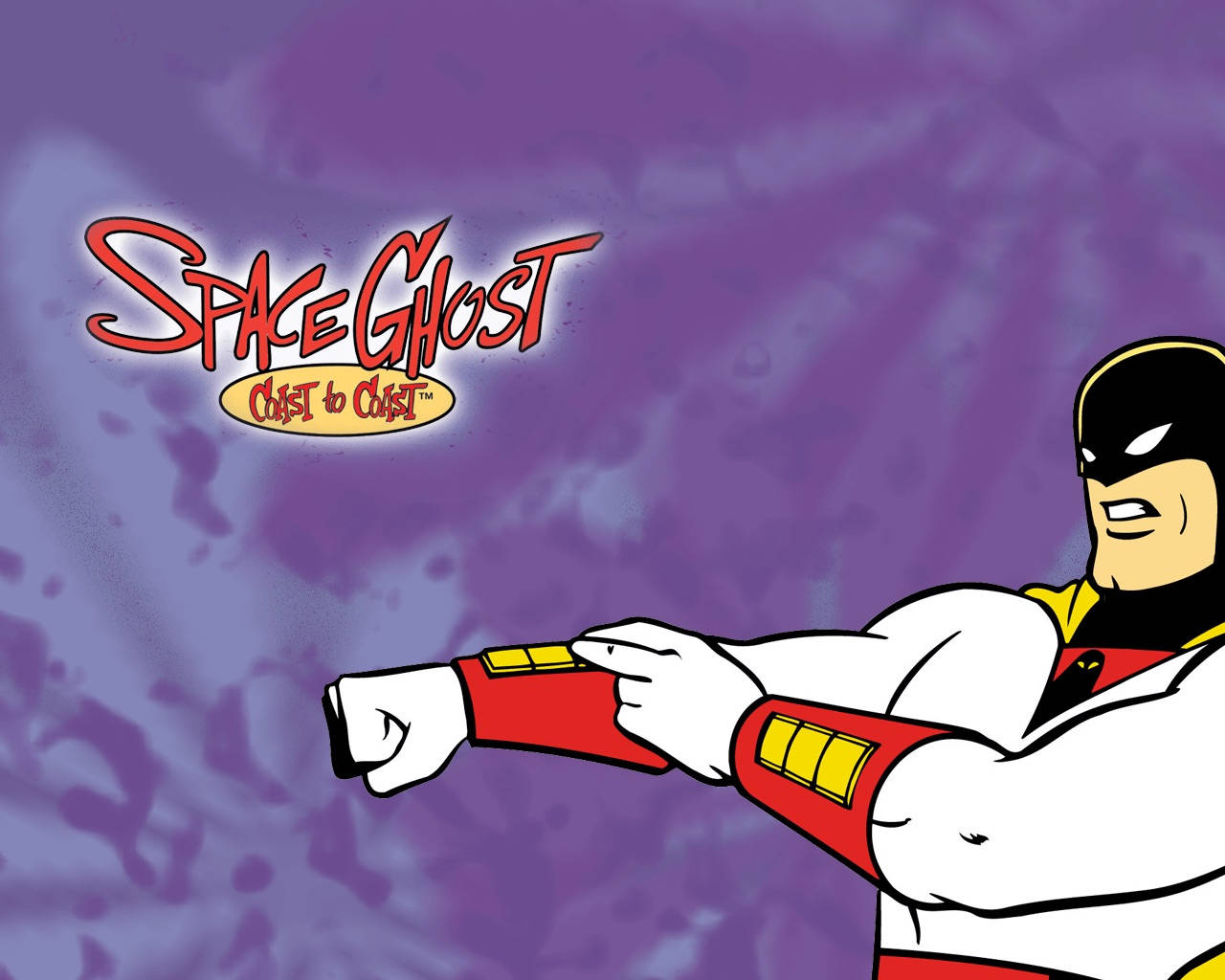 Space Ghost 桌布 壁紙 — Space Ghost 穿著其標誌性的白色和紅色套裝，在旋轉的紫色宇宙背景下英勇地擺出姿勢。