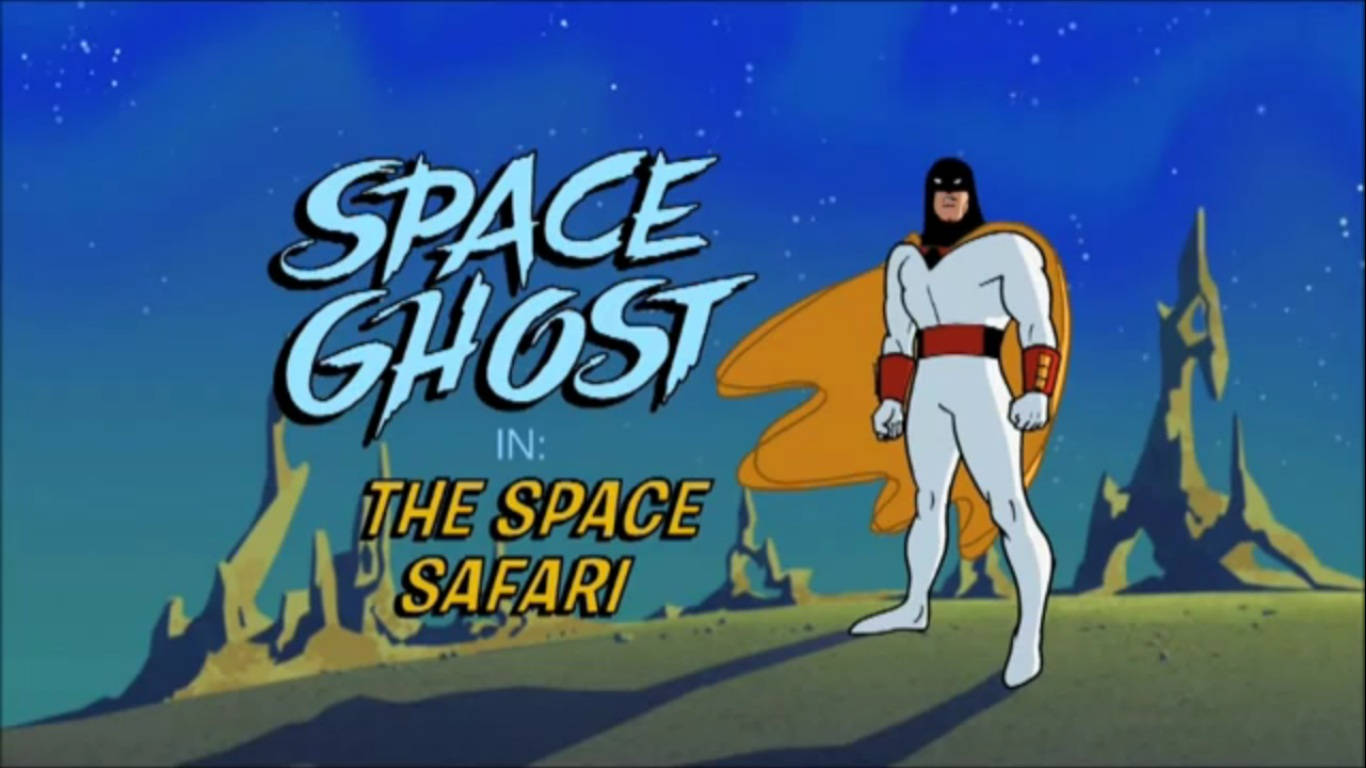 Space Ghost 桌布 壁紙 — Space Ghost 英雄式地站在一個外星行星上，背後是星空和鋸齒狀的岩石 formations。