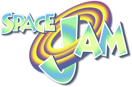 Film 桌布 壁紙 — Space Jam 的充滿活力的復古標誌，帶有旋轉的彩虹色和粗體 3D 字體，背景為黑色。