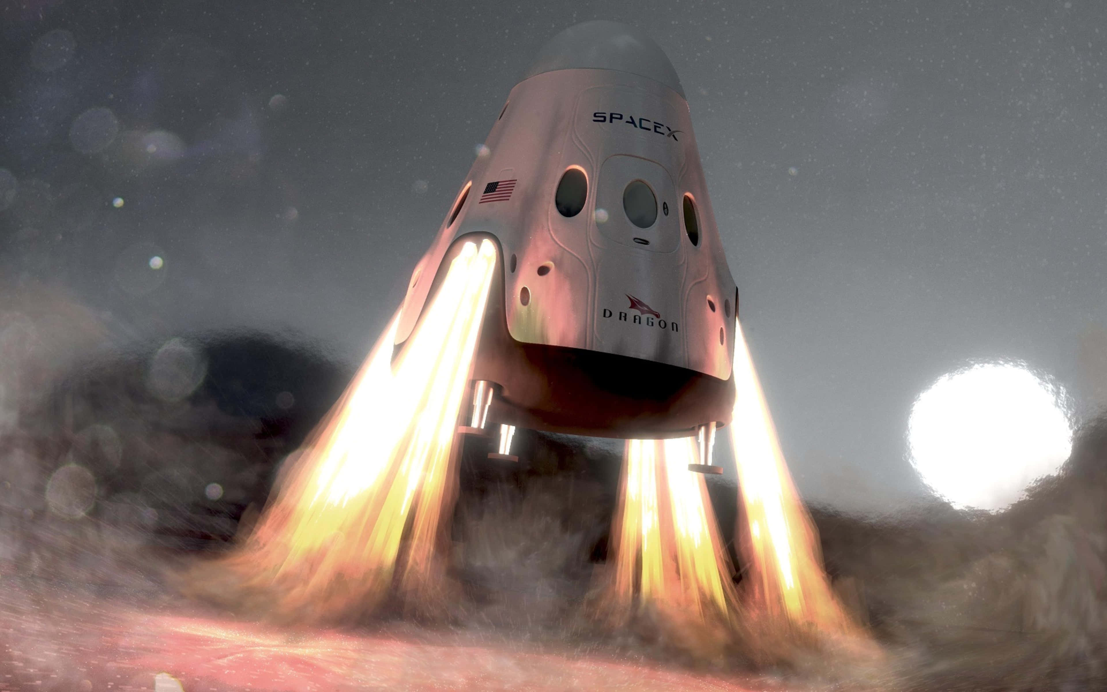 Spacecraft 桌布 壁紙 — SpaceX 龍飛船在星空和發光天體背景下，以熾熱推進器下降。