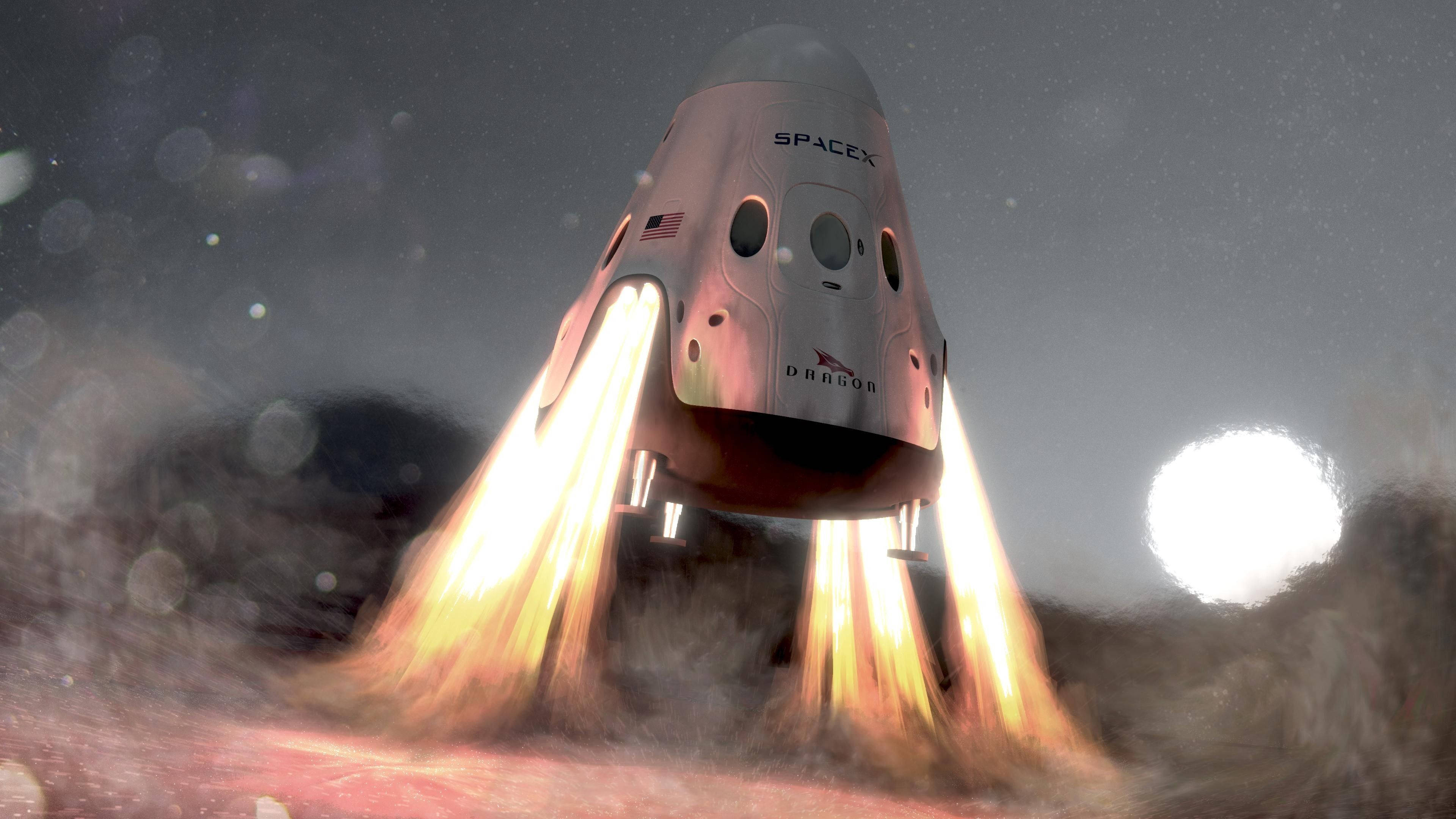 SpaceX 桌布 壁紙 — SpaceX 龍飛船在星空和發光天體背景下，以熾熱推進器著陸。