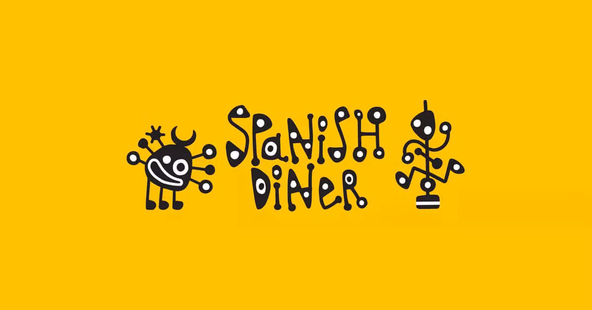 Spanish 桌布 壁紙 — Spanish Diner 的大膽黑色玩味標誌，搭配鮮黃色背景和古怪卡通角色。