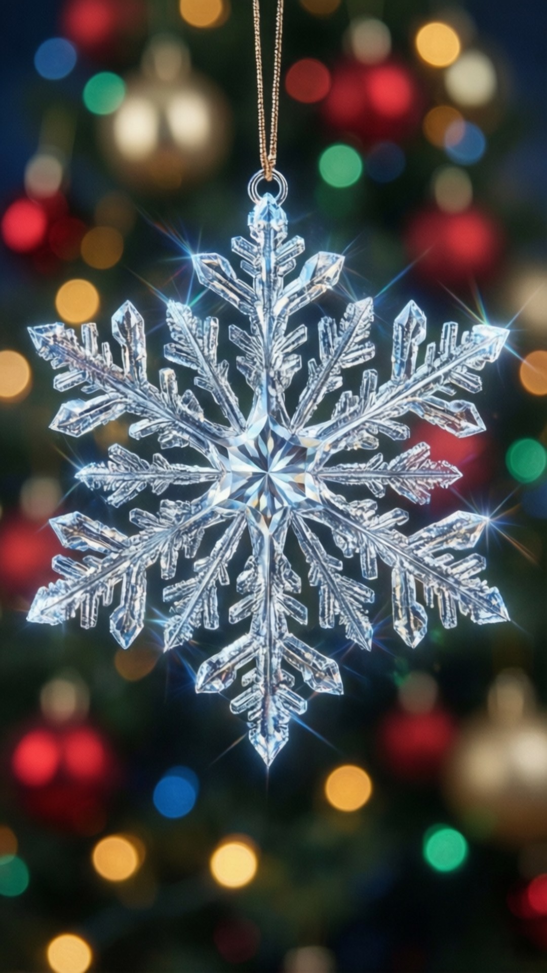 Diamond Snowflake Ornament 壁紙 — 閃爍的水晶雪花裝飾掛在色彩繽紛的聖誕燈飾和樹飾的散景背景上。