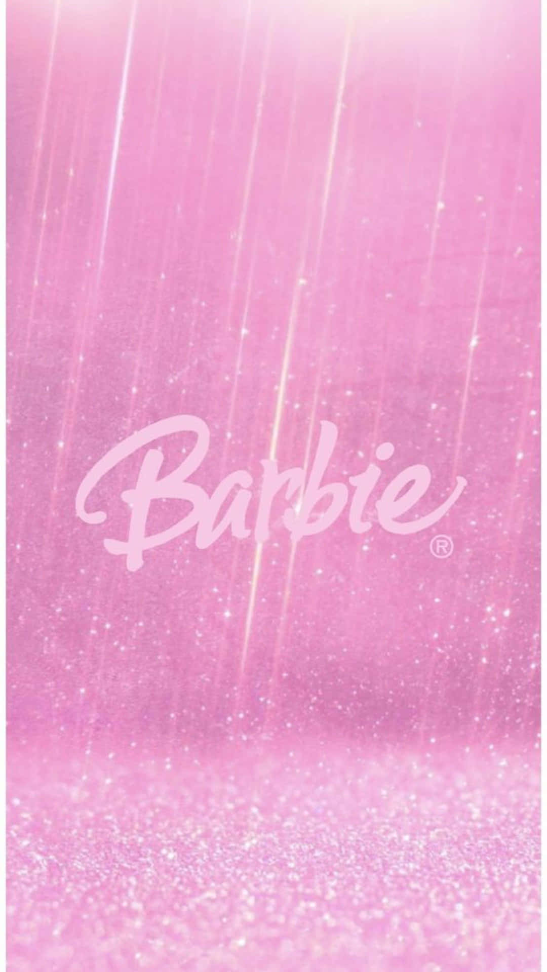  壁紙 — 閃爍的粉紅色背景，帶有垂直光條和白色草書字體的 Barbie 字樣。