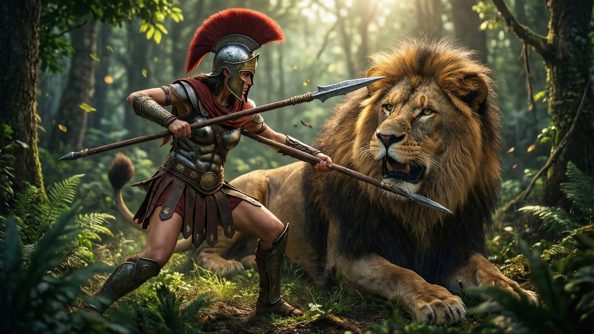 Kassandra vs Lion 壁紙 — 一名身穿青銅盔甲和紅色羽飾頭盔的斯巴達戰士，在陽光明媚的森林中與一頭咆哮的獅子對峙。