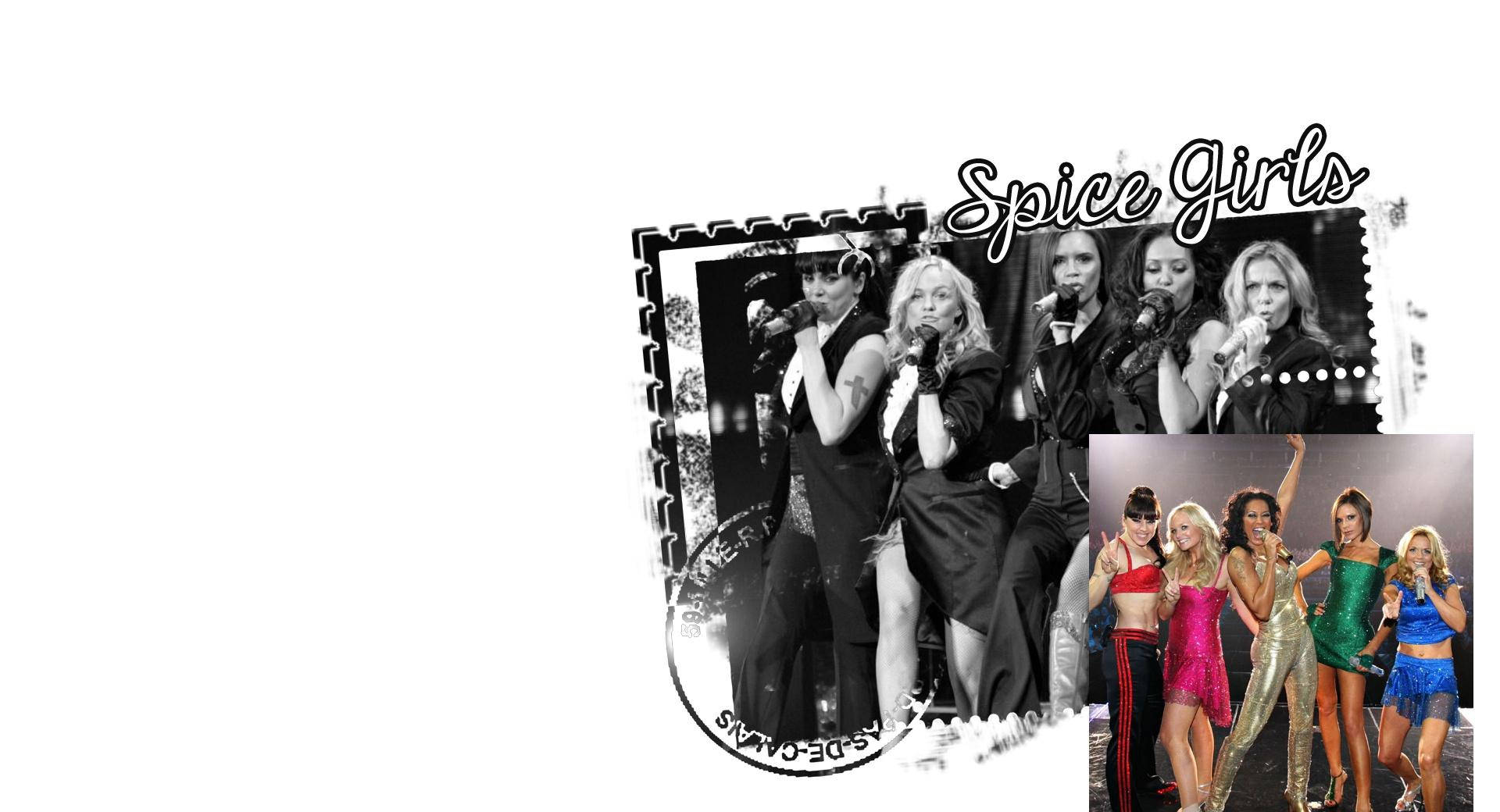 girls 桌布 壁紙 — Spice Girls 以標誌性舞台服裝表演和擺姿勢的復古黑白和彩色拼貼畫。