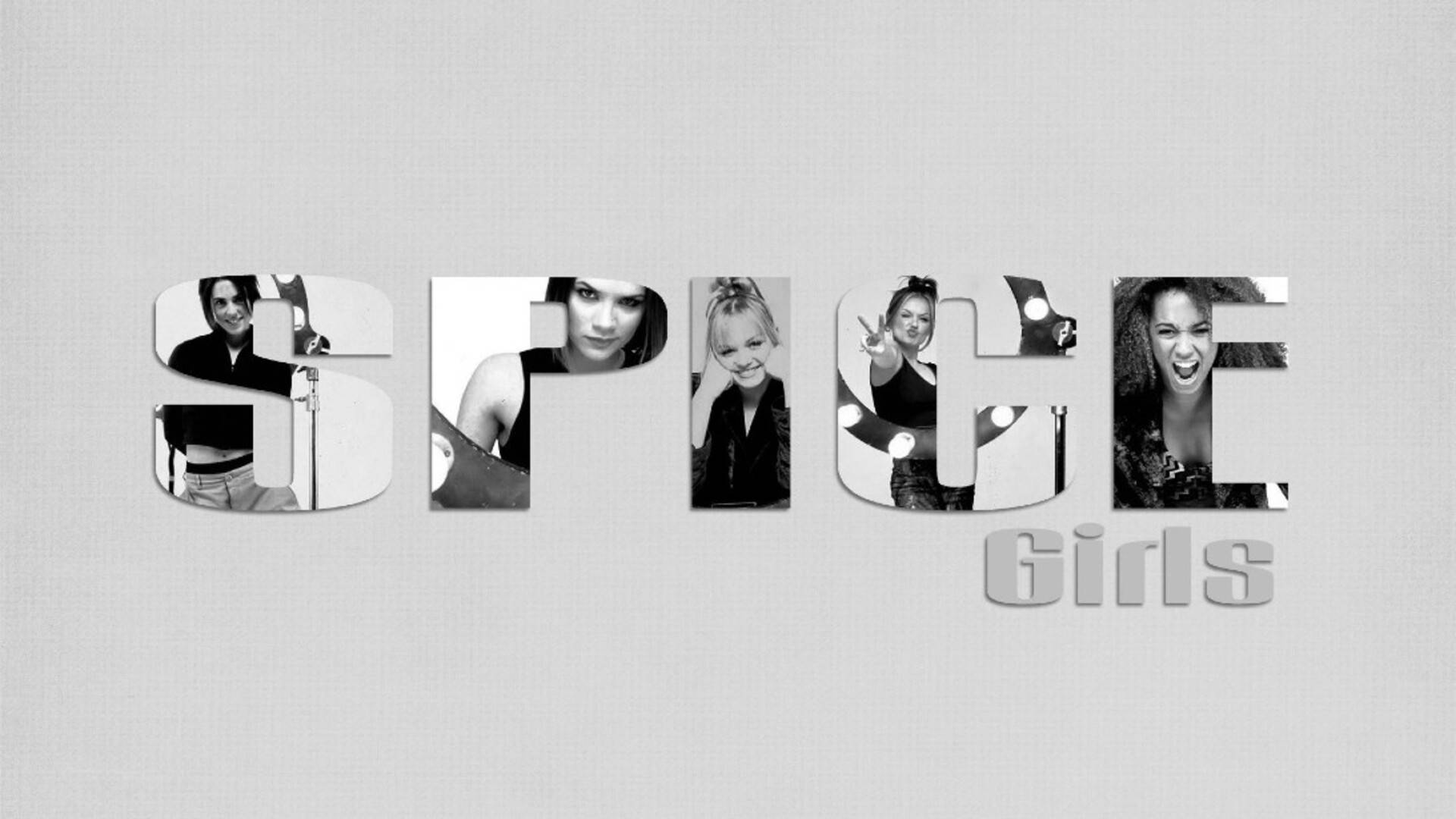 girls 桌布 壁紙 — Spice Girls 的黑白標誌，每位成員的臉孔位於其名字字母內，背景為紋理灰色。