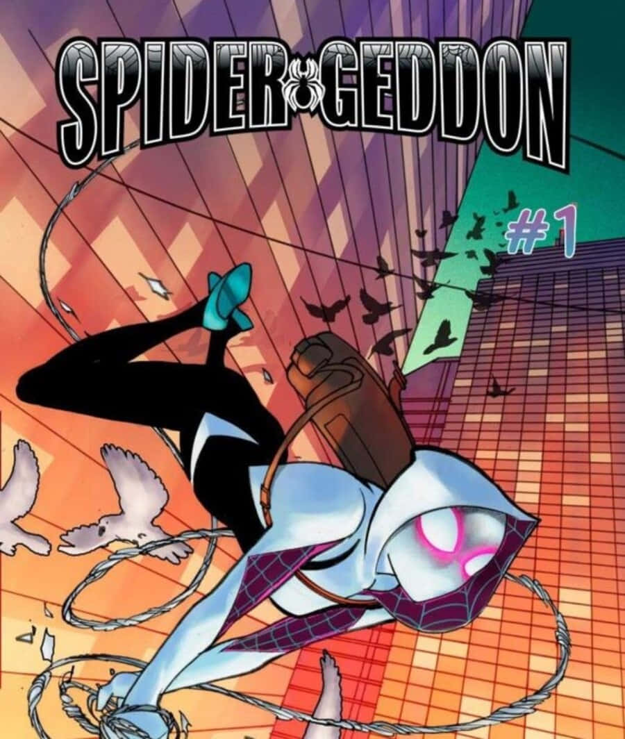 Spider-geddon 桌布 壁紙 — Spider-Geddon 漫畫封面展示一位蒙面英雄在色彩繽紛的城市景觀中盪來盪去，鳥兒在周圍飛翔。