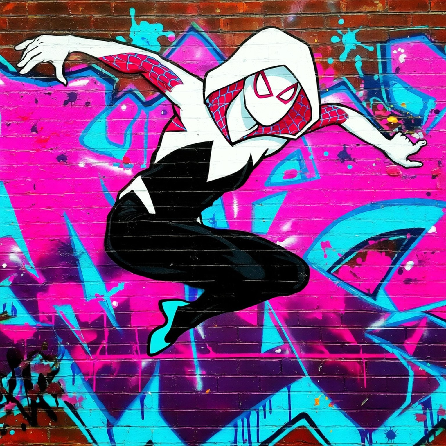 Street Art Hero 壁紙 — 一幅動感塗鴉壁畫，描繪蜘蛛格溫在充滿活力的粉紅和青色磚牆上跳躍，帶有鮮明的幾何形狀潑濺。