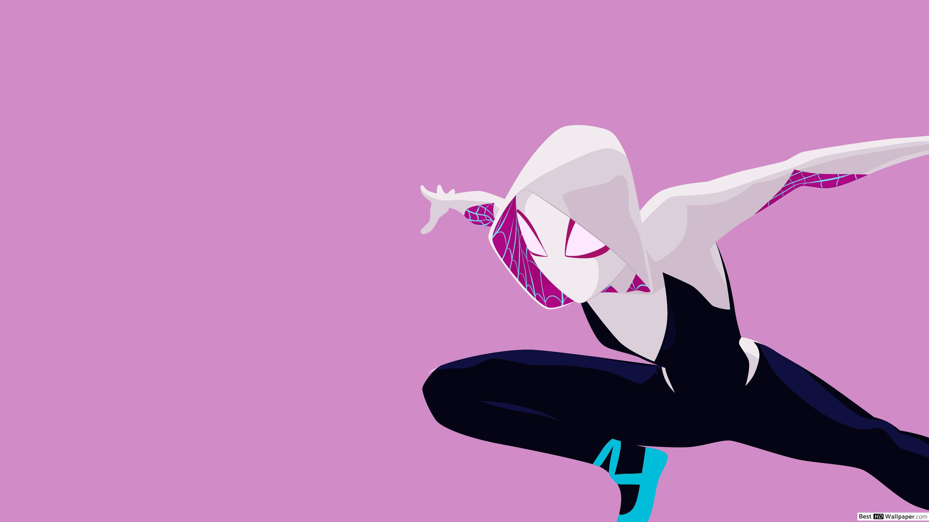 Spider Gwen 桌布 壁紙 — Spider-Gwen 以動感姿態呈現於純粉紅色背景上，搭配大膽的幾何線條和鮮豔的色彩區塊。