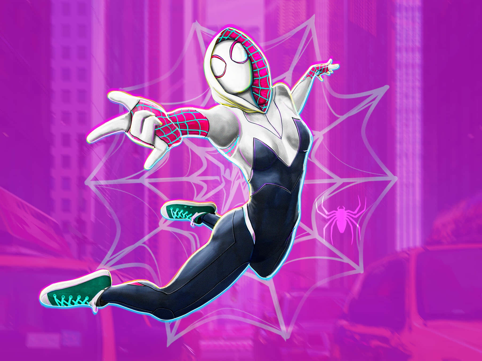 蜘蛛關 桌布 壁紙 — Spider-Gwen 動態地跳躍穿過霓虹粉紅色的城市景觀，帶有發光的蜘蛛網和未來主義建築。