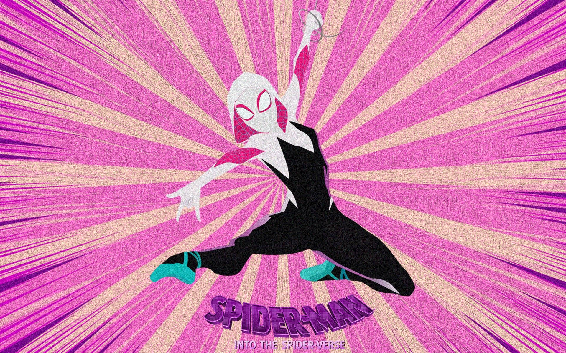 Spider Gwen 桌布 壁紙 — Spider-Gwen 在充滿活力的粉紅色和洋紅色放射狀背景上動態跳躍。