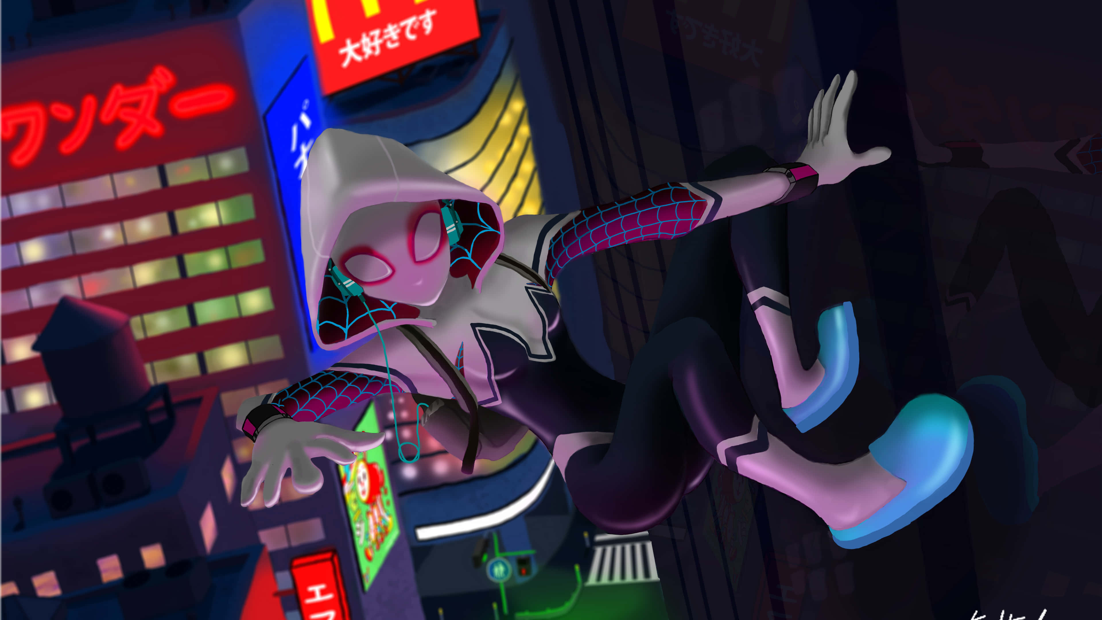 蜘蛛關 桌布 壁紙 — Spider-Gwen 在夜晚穿過霓虹燈照亮、有發光招牌和雨濕街道的日本城市景觀中擺盪。