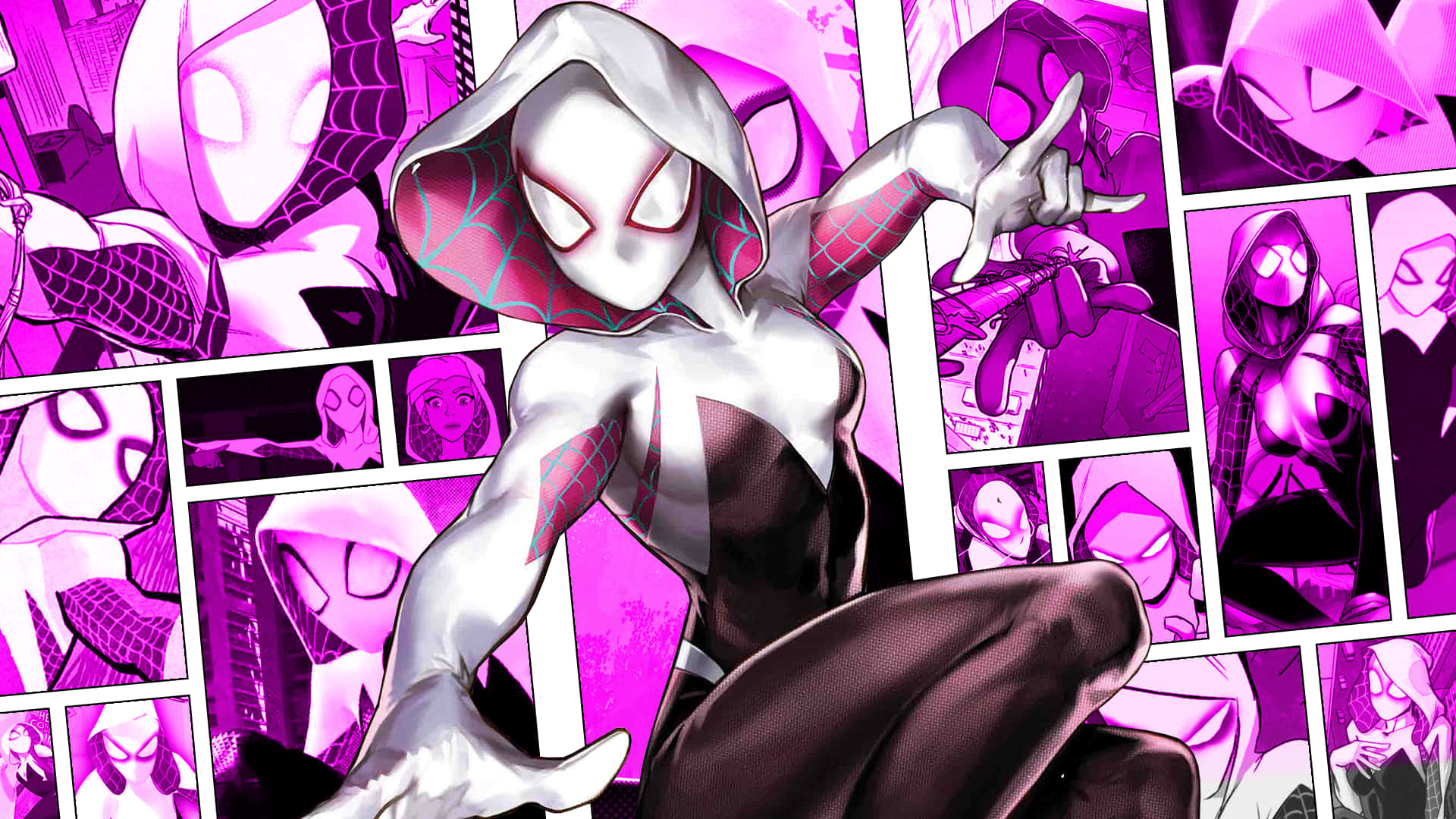 蜘蛛關 桌布 壁紙 — Spider-Gwen 身穿白色和粉紅色戰衣，在充滿活力的漫畫面板背景中擺出動態姿勢。