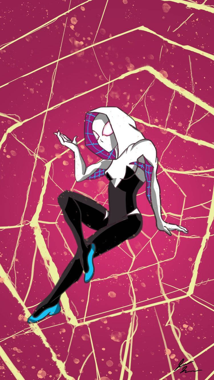 蜘蛛關 桌布 壁紙 — Spider-Gwen 身穿黑白配色套裝搭配藍色點綴，在帶有金色蛛網線條的鮮豔洋紅色背景前動感擺姿。