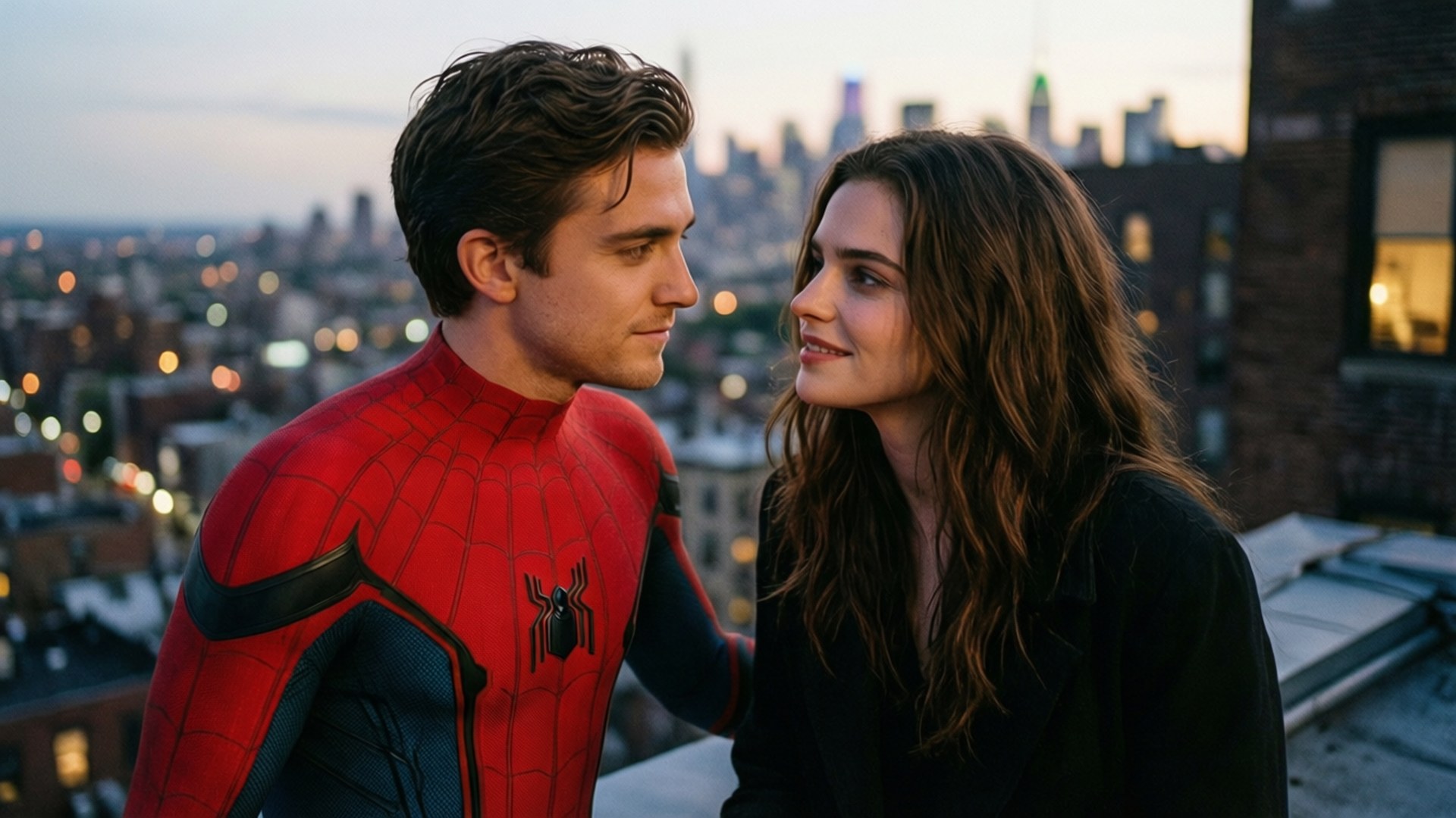 Spider Man No Way Home 桌布 壁紙 — 蜘蛛人與一名女性在黃昏時分，於發光的城市天際線背景下，在屋頂上分享親密時刻。