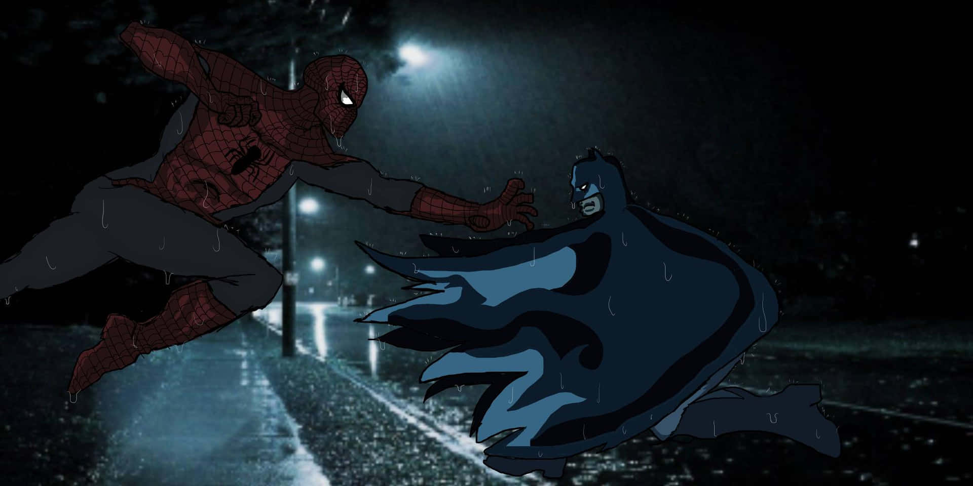  壁紙 — 蜘蛛人與蝙蝠俠在雨濕的城市後巷中，在閃爍的街燈下交鋒。