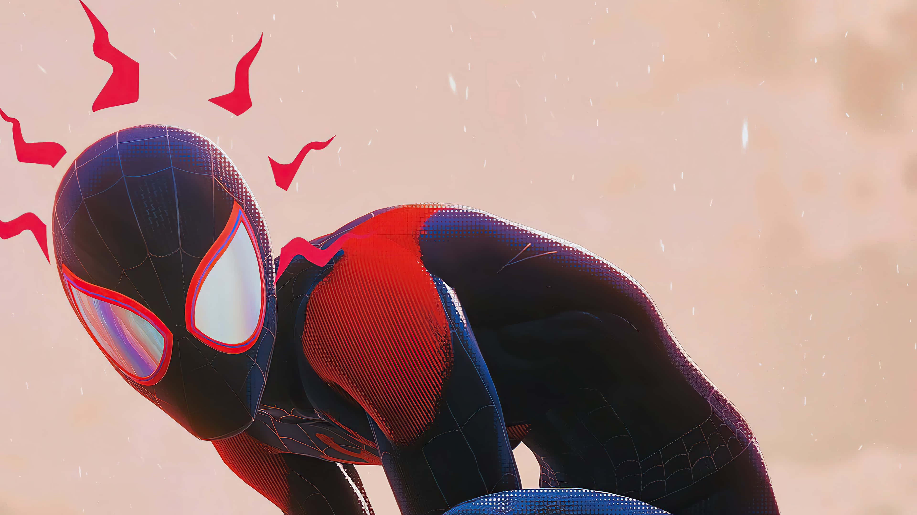 Spider-man Spider Sense 桌布 壁紙 — 蜘蛛人蹲在雨中，頭部周圍有紅色能量爆發，背景是模糊的桃色天空。