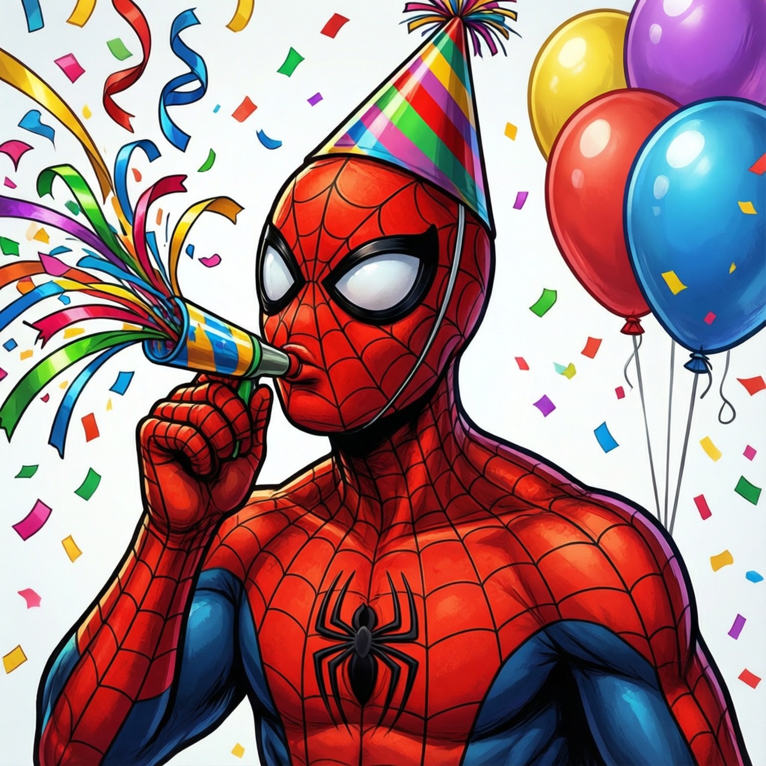 Spiderman Birthday 桌布 壁紙 — 蜘蛛人戴著彩虹派對帽，吹著彩色紙屑喇叭，周圍有氣球和飄落的彩帶。