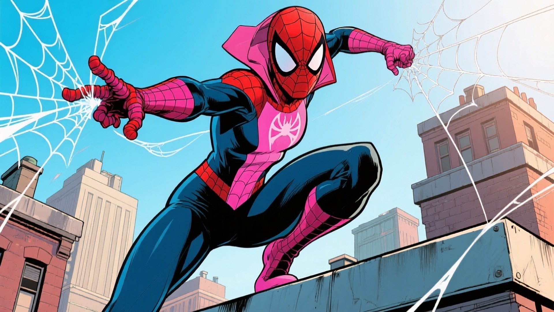 Webs of Justice 壁紙 — 蜘蛛人穿著粉紅色和藍色戰衣，在城市建築物之間用蜘蛛絲擺盪，背景是晴朗的藍天。