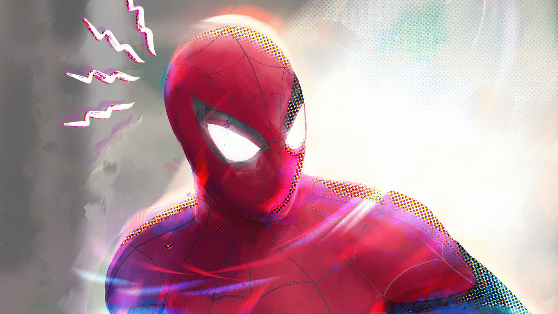 Spider-man Spider Sense 桌布 壁紙 — 身穿紅色戰衣的蜘蛛俠在帶有閃電效果的明亮抽象背景前散發能量。