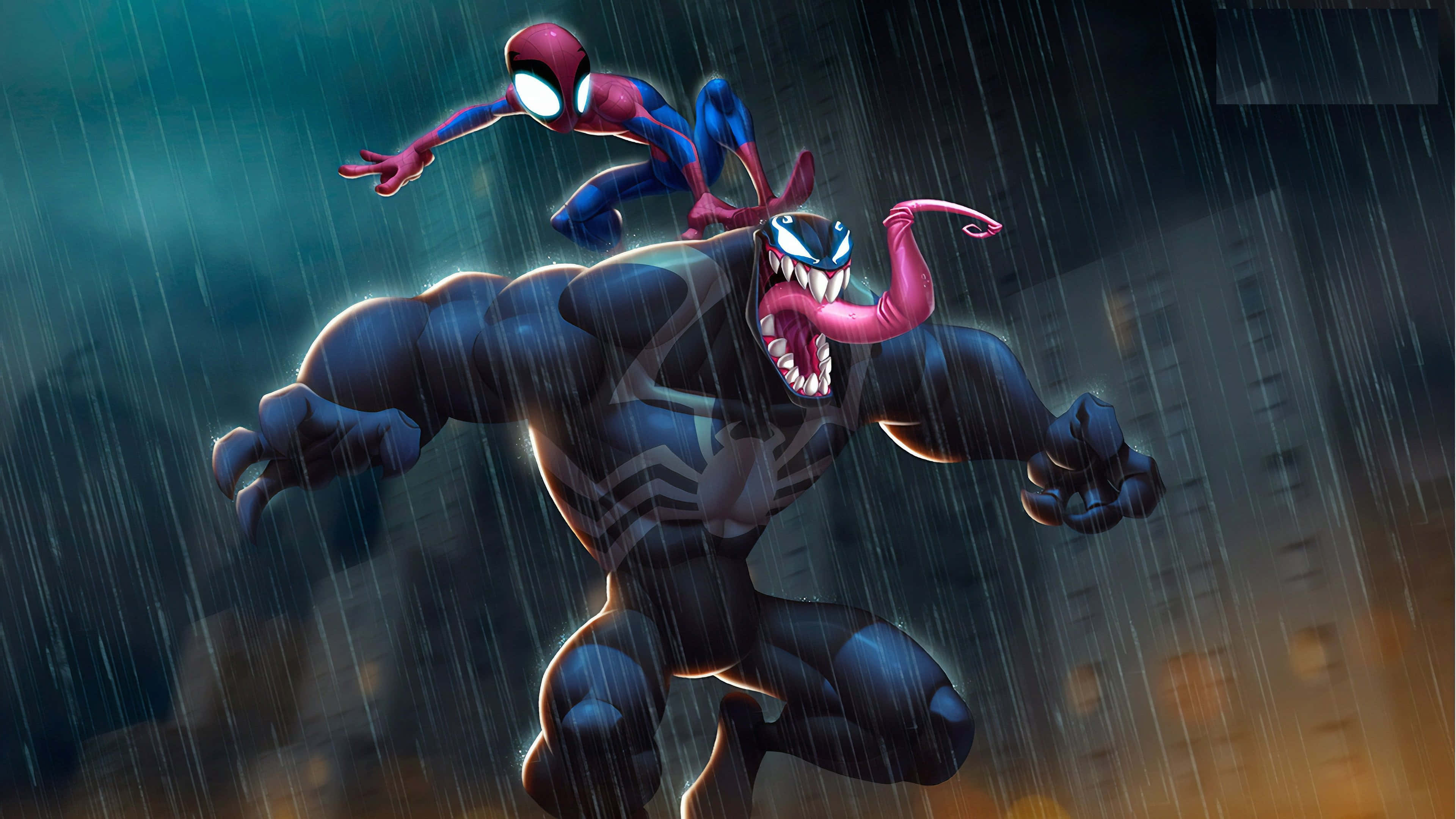 Venom Comic Book 桌布 壁紙 — 蜘蛛人跳上一頭咆哮的猛毒，雨水在夜晚劃過黑暗的城市小巷。