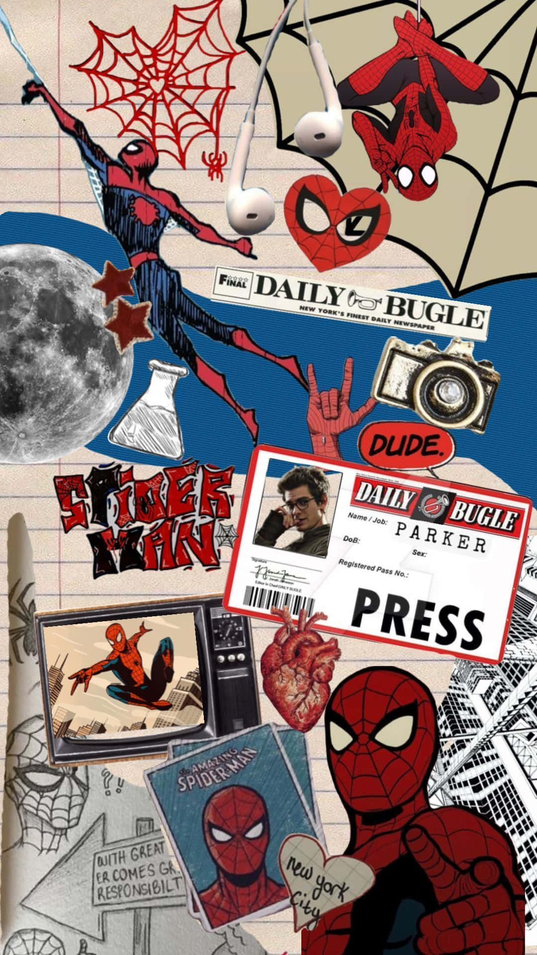 Daily Bugle 桌布 壁紙 — 一幅充滿活力的蜘蛛人紀念品拼貼畫，包括漫畫、記者證、月亮和蜘蛛網圖案，畫在橫線紙上。