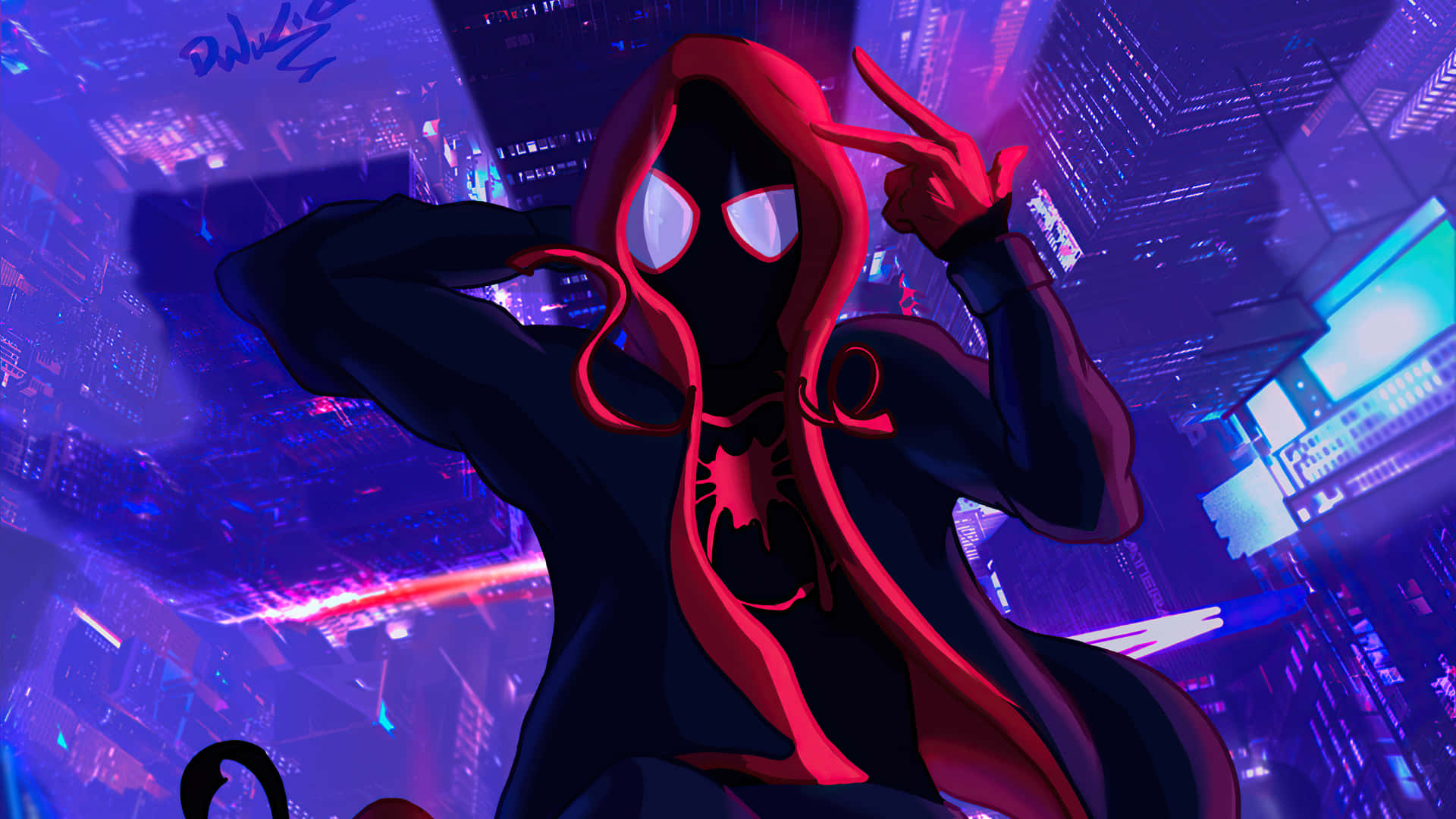 蜘蛛人身穿紅色連帽服裝在夜晚的霓虹城市中擺姿勢。 — 蜘蛛人 壁紙