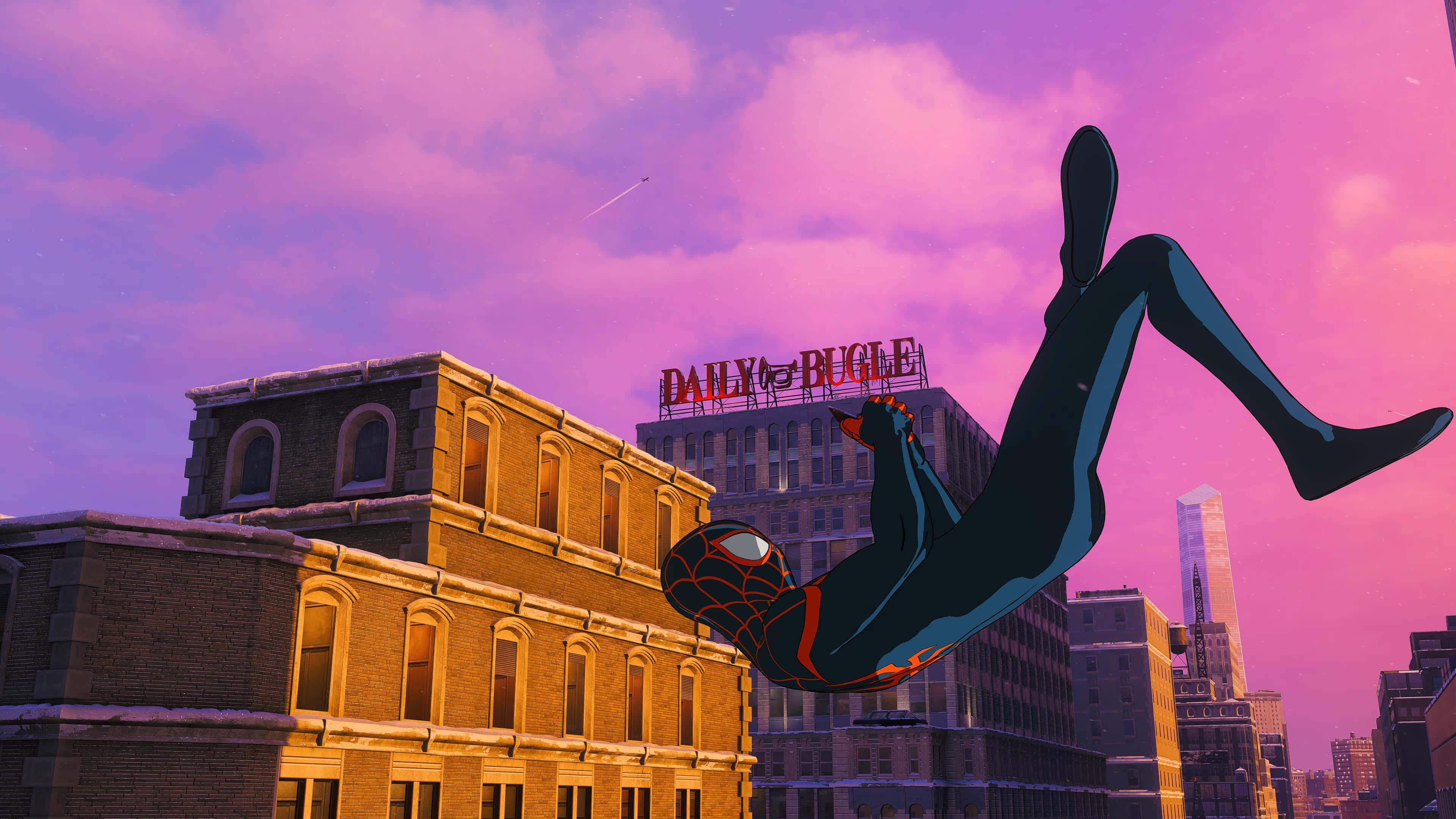 Daily Bugle 桌布 壁紙 — 蜘蛛人在充滿活力的粉紅色和紫色暮色天空下，穿過白雪覆蓋的城市景觀擺盪。