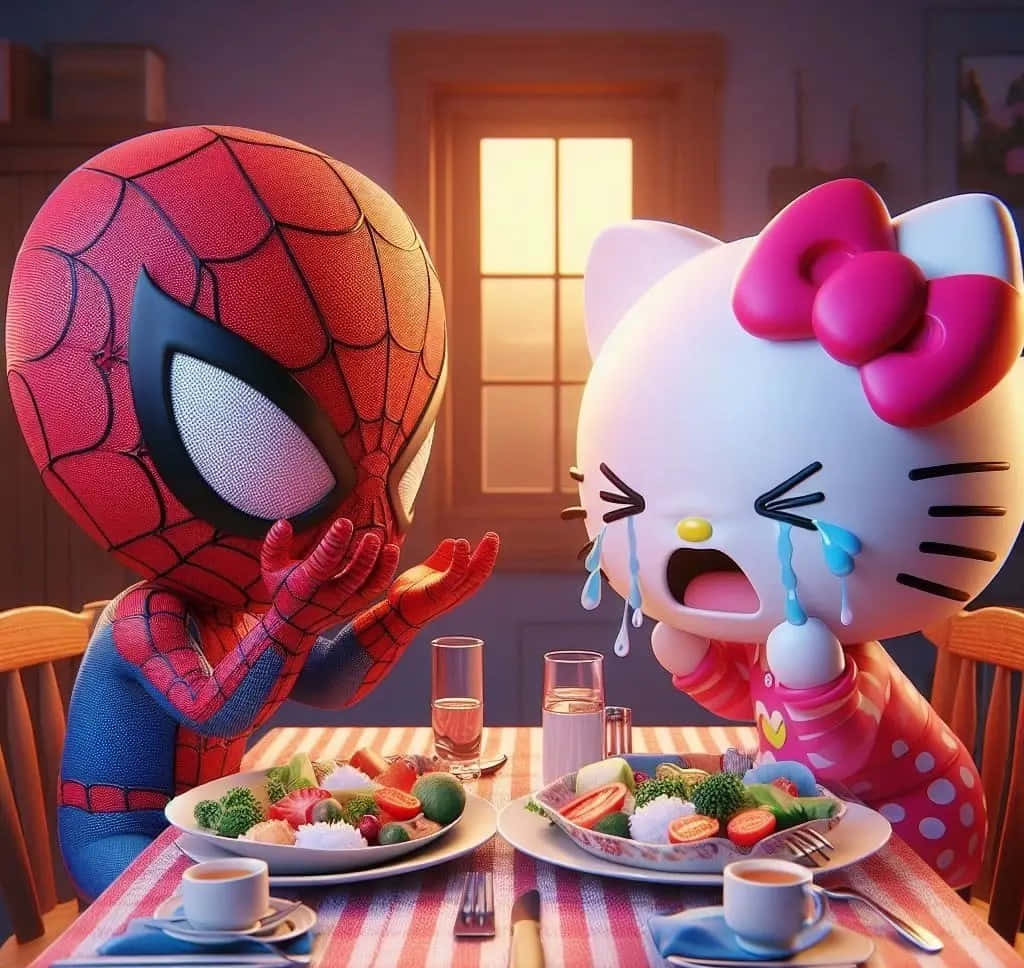 蜘蛛人和Hello Kitty在晚餐桌上，Hello Kitty在哭泣，蜘蛛人看起來很驚訝。 — Hello Kitty 壁紙
