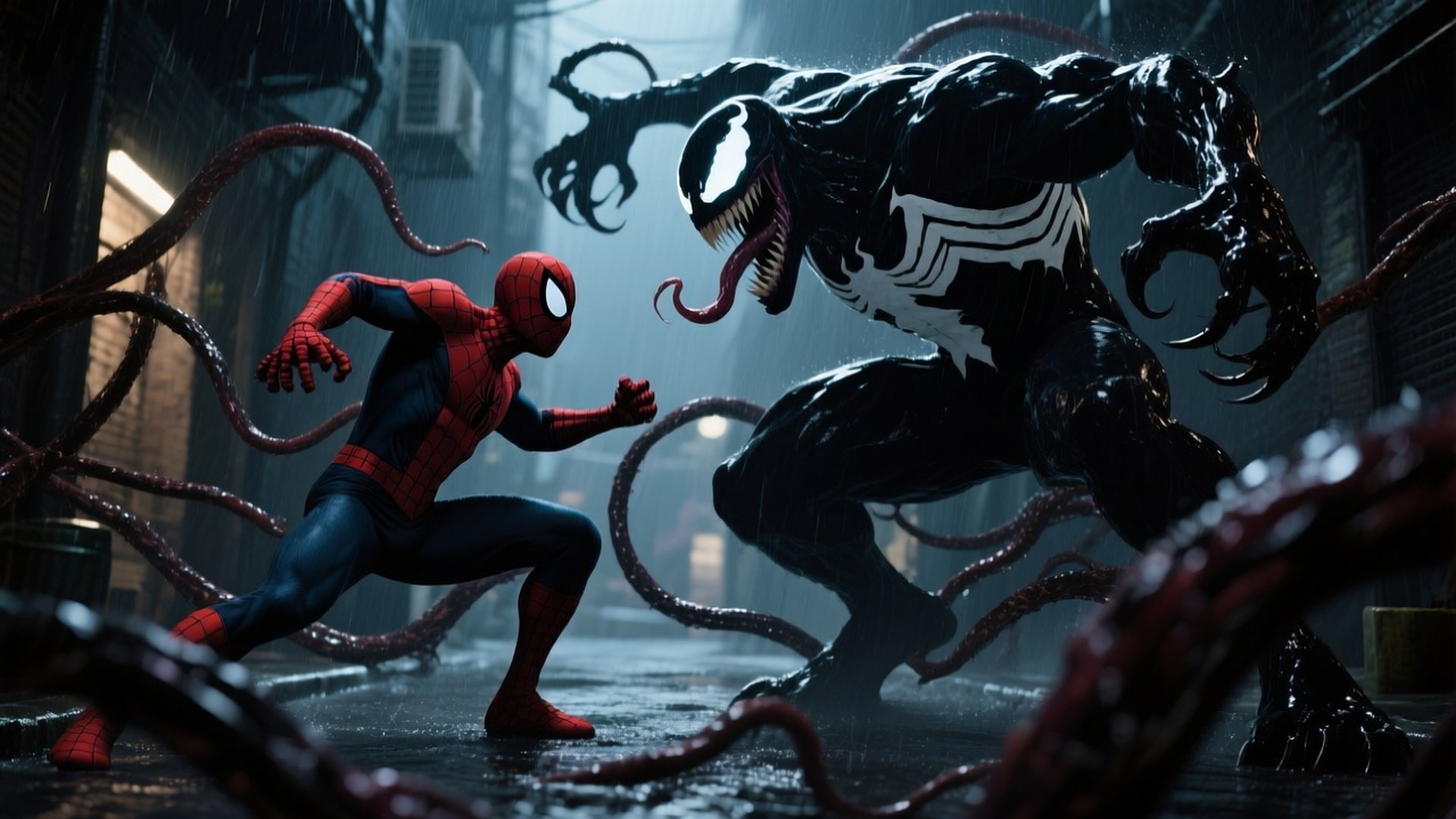 Symbiote Duel 壁紙 — 蜘蛛人穿著紅藍戰衣蹲下準備與身穿黑色共生體戰衣並帶有觸手的猛毒在雨中後巷戰鬥。