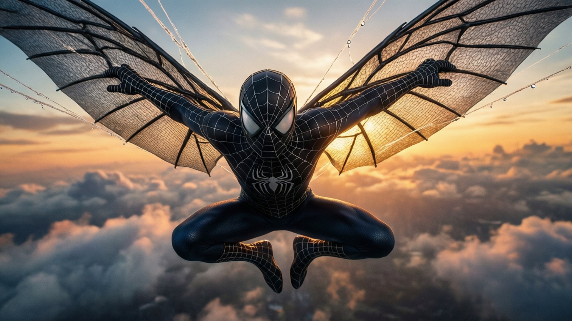 Web Glide 壁紙 — 蜘蛛人展開蛛網翅膀，在夕陽下翱翔於雲層之上，身後金光閃耀。