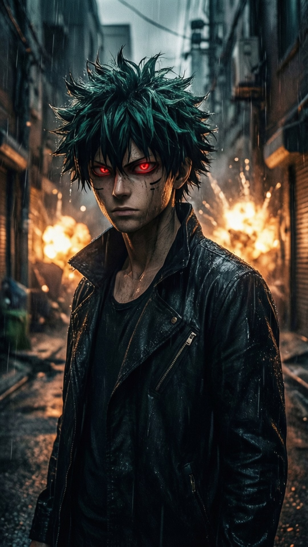 Bakugou Rainy Alley 壁紙 — 一個尖刺綠髮的動漫戰士，擁有發光的紅色眼睛，站在被雨水浸透的小巷中，身後爆發爆炸。