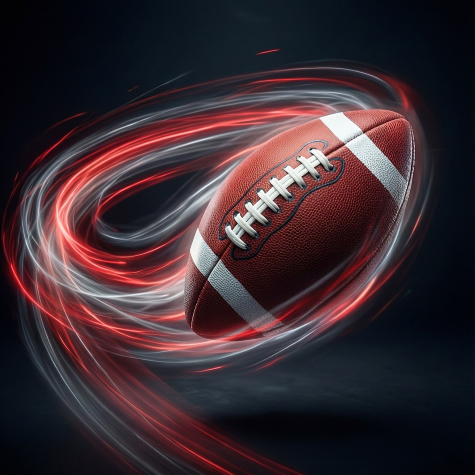 Football Light Trail 壁紙 — 一個棕色皮革美式足球，帶有白色鞋帶和條紋，在黑暗背景上動態旋轉，周圍環繞著旋轉的紅色和白色光跡。