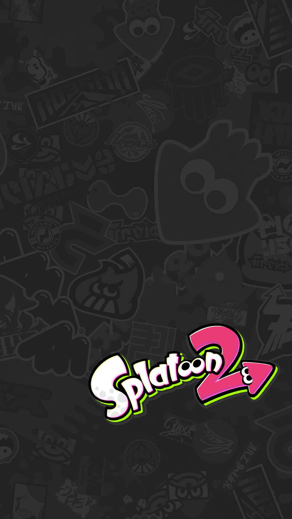 斯普拉遁 桌布 壁紙 — Splatoon 2 標誌在佈滿褪色遊戲貼紙的深色背景上發出鮮豔的粉紅色和綠色光芒。