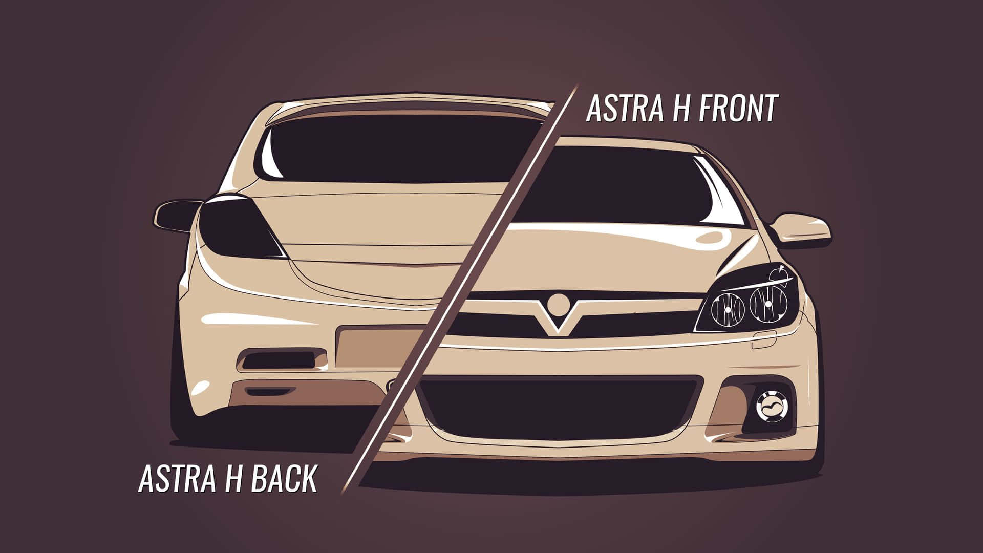 Opel Astra 桌布 壁紙 — 分開的插圖，顯示米色Astra H汽車的前後視圖，背景為深棕色。