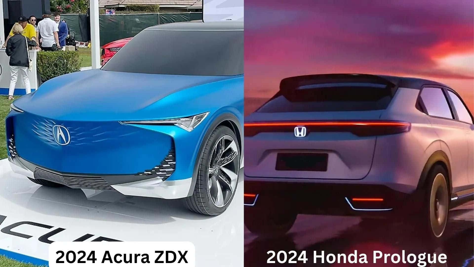 Acura Zdx 桌布 壁紙 — 分割圖片展示2024年Acura ZDX和Honda Prologue概念車在車展上鮮豔燈光下的前後視圖。