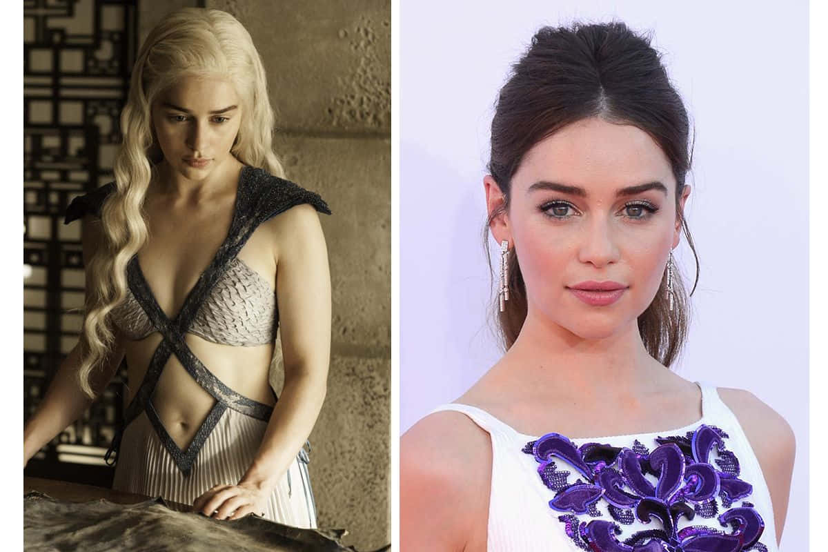 冰與火之歌 桌布 壁紙 — Daenerys Targaryen 身穿龍主題服裝，旁邊是一位身穿白色連衣裙、帶有紫色花卉刺繡的女性的分割肖像。
